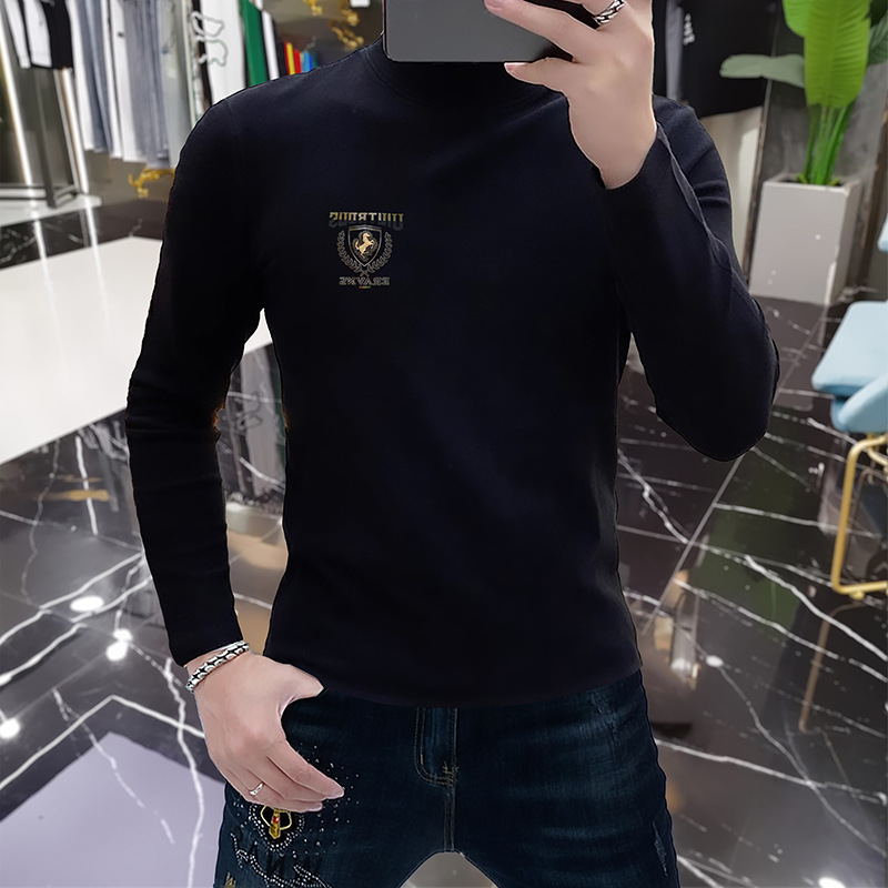 Roupa íntima de manga comprida de alta qualidade com base de lã, gola semi alta, top masculino quente de outono e inverno, lã da moda_voghion.com