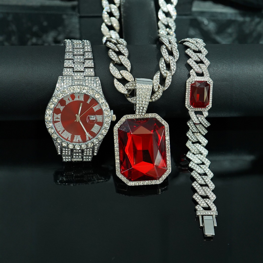 Ventas transfronterizas calientes colgante de aleación de esmeralda roja pulsera collar reloj 5 piezas conjunto de joyas de regalo de alto nivel para hombres