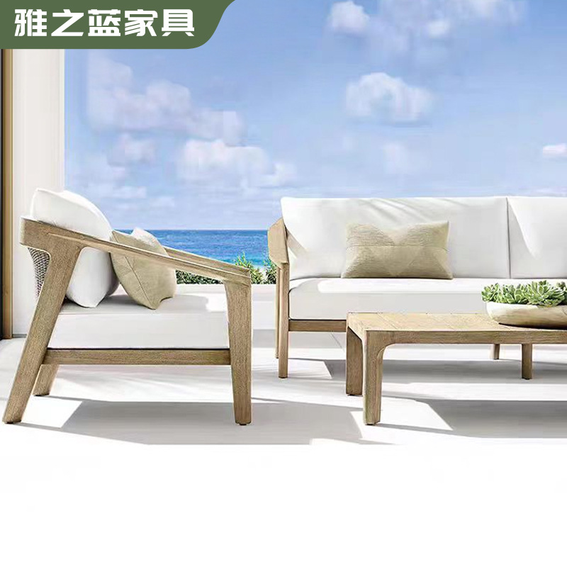 Sofá nórdico de teca al aire libre, sofá de patio al aire libre, impermeable y protector solar, sofá de ratán al aire libre, sofá de madera maciza