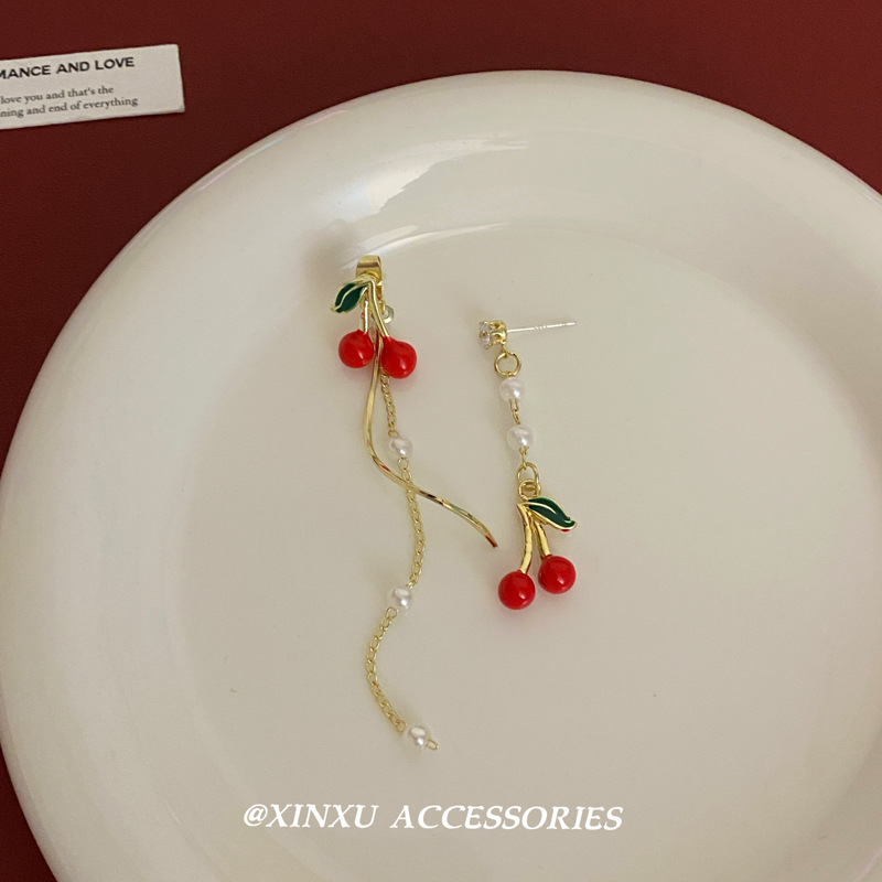 Demi-season red asymmetrical small design long earrings with tassels