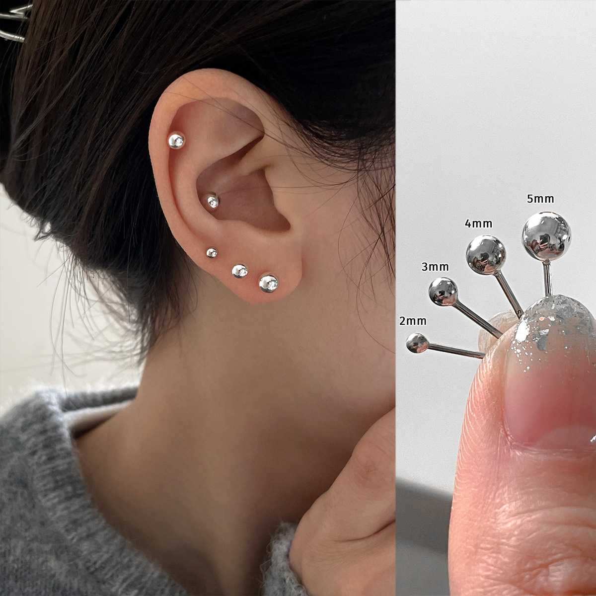 999 Silver Bead Stick Round Small Earrings with Instagram Style, Versatile Daily Bone Earrings for Both Men and Women, Ideal for Piercing Maintenance
