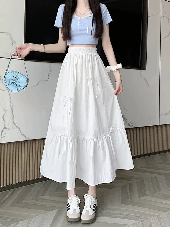 Summer cute white long skirt with bow, for teenagers, mid-length