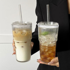 卸売りディザトーン縦紋グラスストロー付き高颜値insカップ女性家庭用冷たいコーヒーカップ
