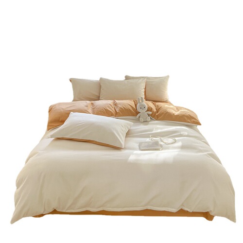 Solid color 100% washed cotton four-piece set soft naked sleeping sheets quilt cover pillow student dormitory bedding three-piece set