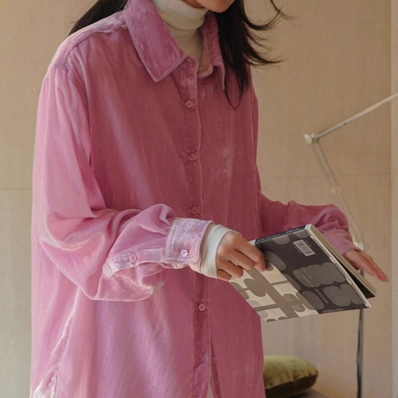 2918#CHAO class recommend! Pink Velvet Top Cardigan New High-end European Silk Shirt Women's Autumn 2