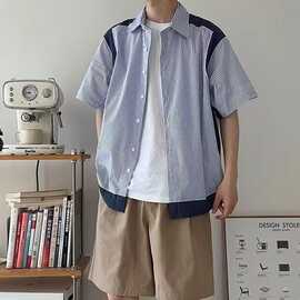 港风拼接条纹衬衫短袖男士2026夏季新款宽松休闲男生衬衣上衣男装