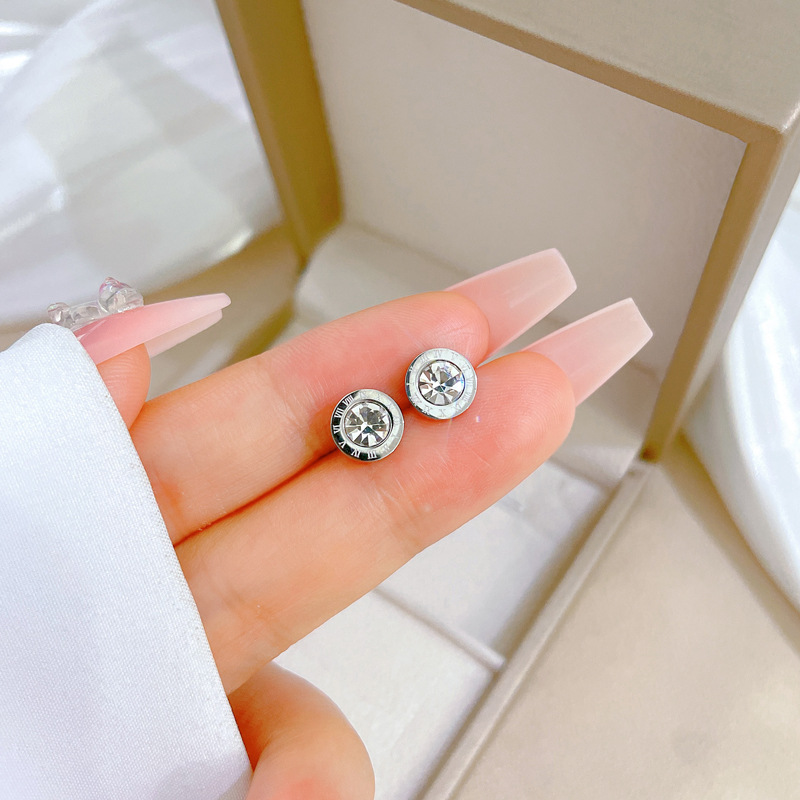 1 Pair Simple Style Round Number Plating Inlay Titanium Steel Zircon Ear Studs display picture 3