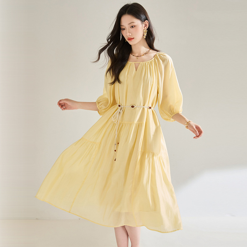 Sheng Hongxia French Retro Romantic Tencel Solid Color Long-Sleeved Dress 18840