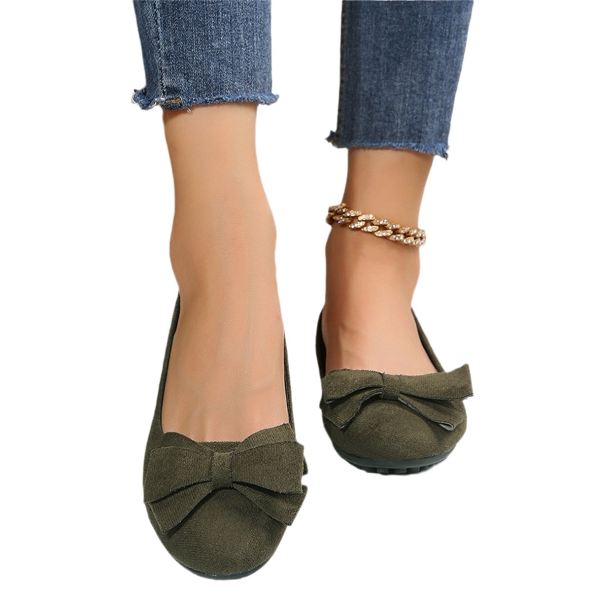 2025 primavera nuevo estilo comercio exterior gran tamaño plano casual zapatos individuales pies mujer gamuza lazo cabeza redonda zapatos de guisantes