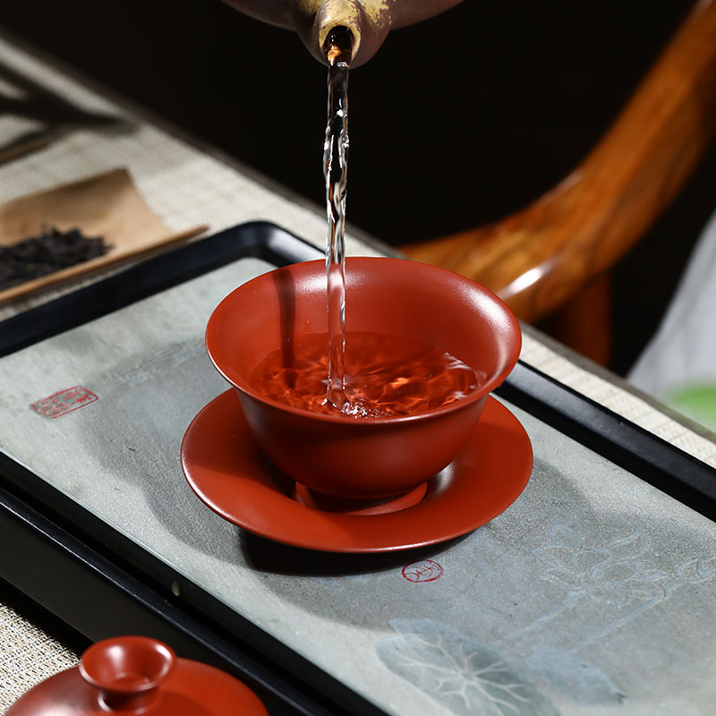 KE3C宜兴紫砂三才杯盖碗单个茶碗带盖泡茶杯大号防烫复古陶瓷功夫