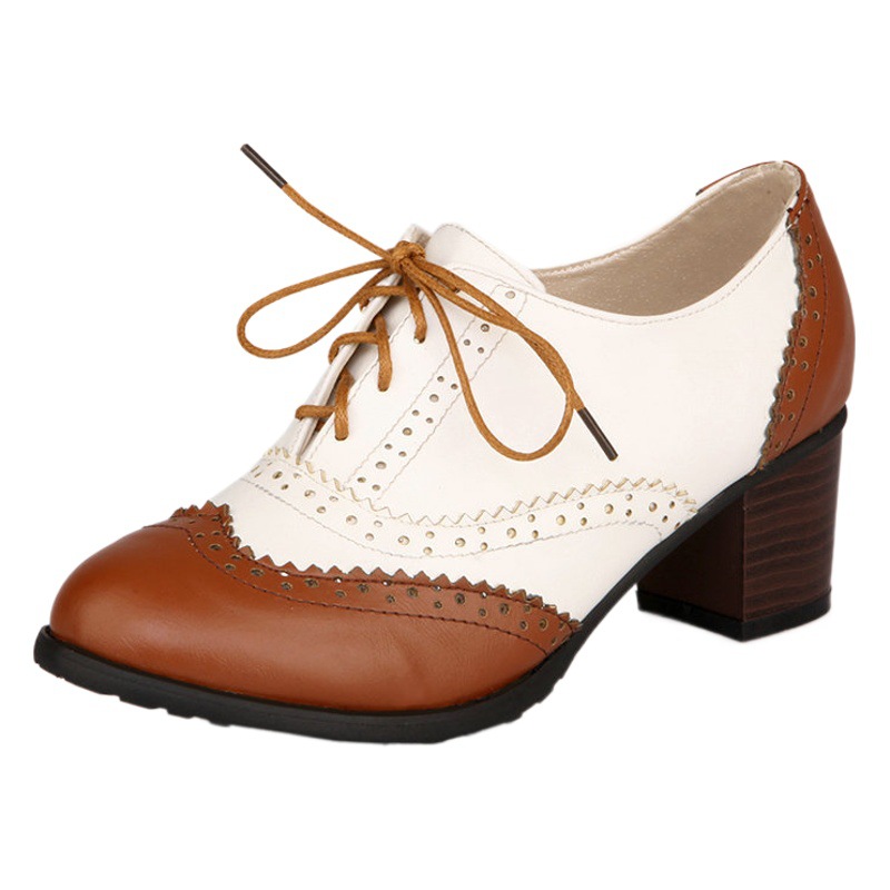 Zapatos de mujer de comercio exterior Primavera y otoño Tacón medio tacón grueso zapatos de una sola capa Zapatos de mujer de encaje británico marrón estilo preppy tacones altos zapatos de cuero de mujer