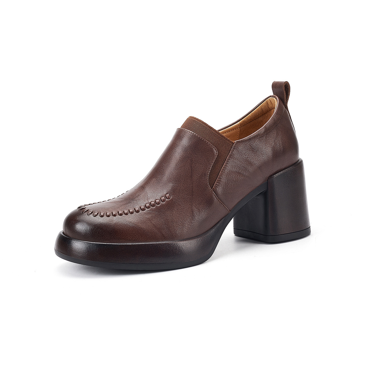 Giày loafer nữ da bò thật đế dày gót vuông 7 cm, miệng sâu, phong cách đơn giản — màu nâu