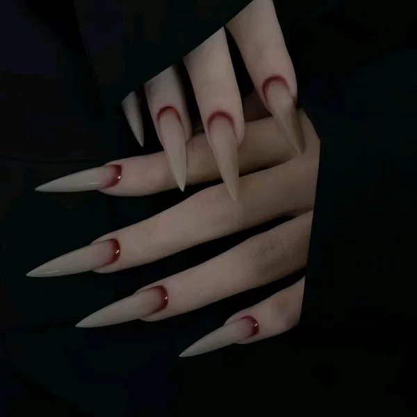 Vampire-style press-on nails, dark yandere long blood-colored crescent horror niche design, beautiful fake nail patches