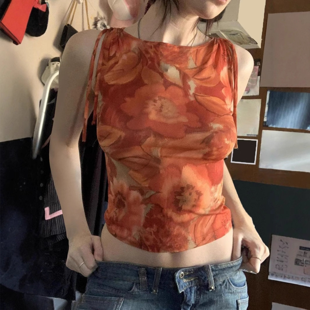 Style retro sexy top for women niche hot girl print bright color…