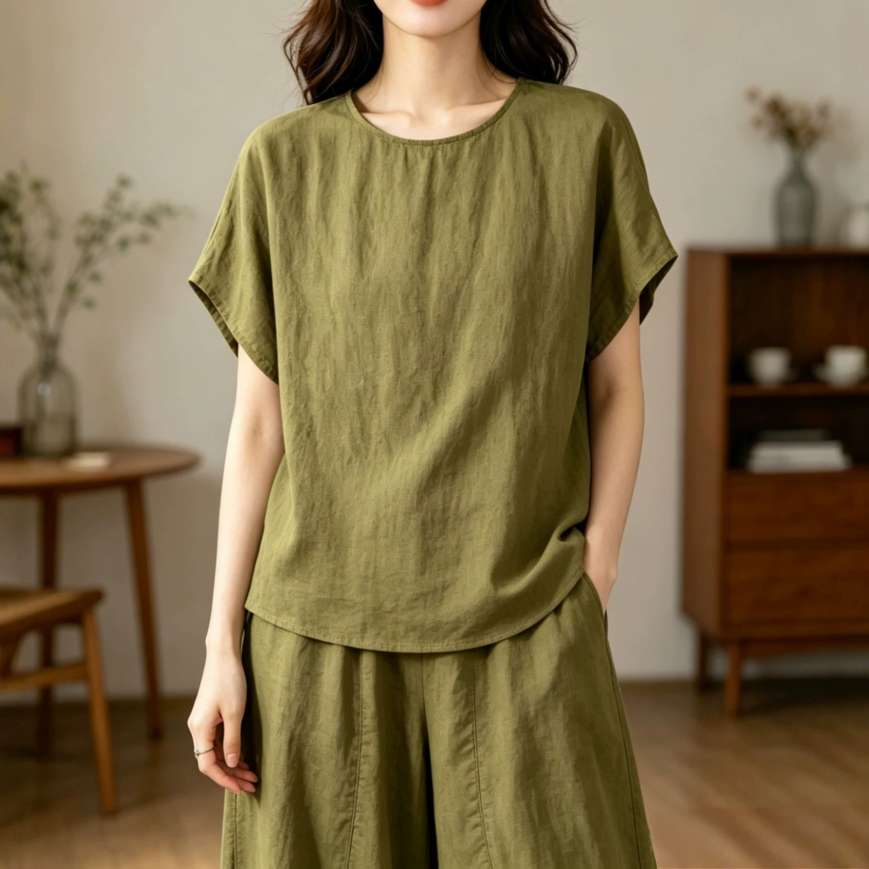 100%汉麻短袖套装寺院松紧腰哈伦裤女休闲裤女佛系修行居士服
