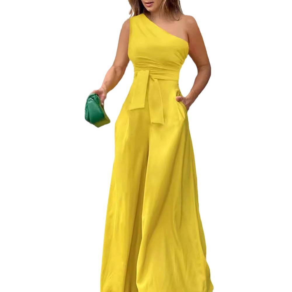 Ropa de mujer europea y americana 2023 Cuello oblicuo de verano con cordones de un solo lado irregular fuera del hombro bolsillo de cintura alta pantalones de pierna ancha mono casual