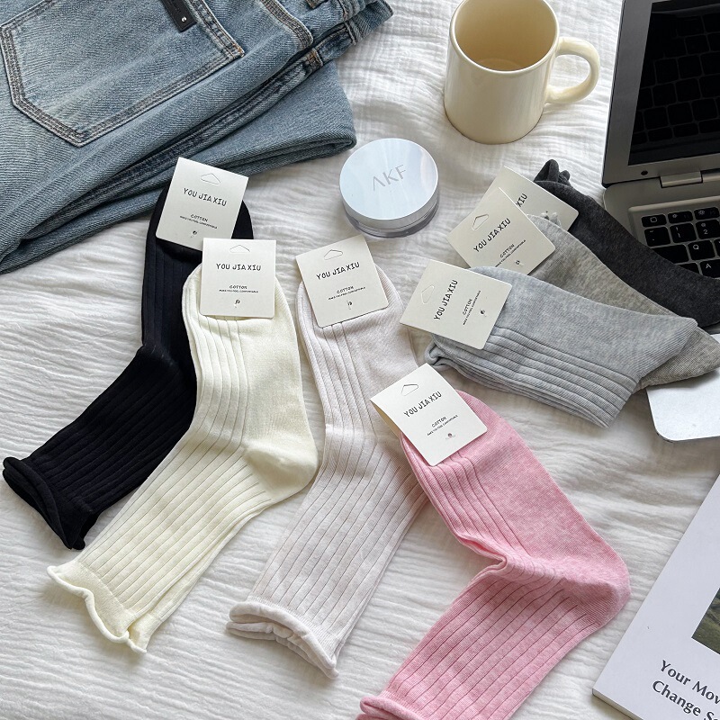 South Korea Dongdaemun summer thin socks women's solid color breathable wide curling soft mid-tube socks Zhuji wholesale