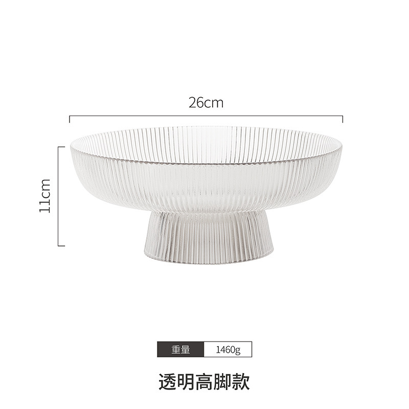 Platos de frutas de vidrio de pies altos, platos de frutas secas a rayas de alta calidad, mesa de té doméstica, bocadillos de pies bajos, platos de frutas de alta calidad