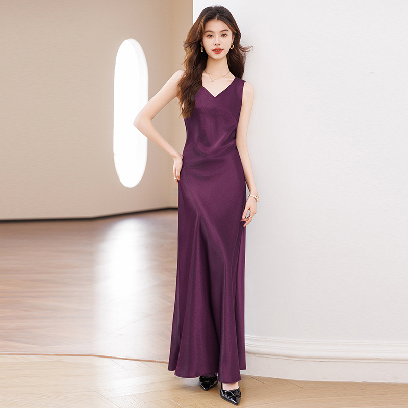Purple Acetic Satin Sling dress Women's Summer 2025 New High-end Elegant Sleeveless Viscous Dress Long Skirt