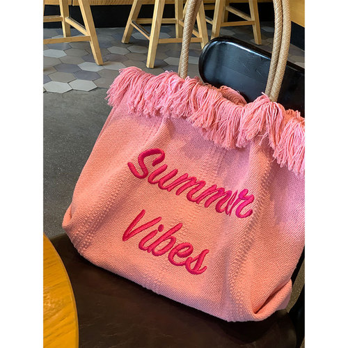 Large-capacity bag women's pink printed canvas bag simple and versatile handbag temperament commuter shoulder tote bag