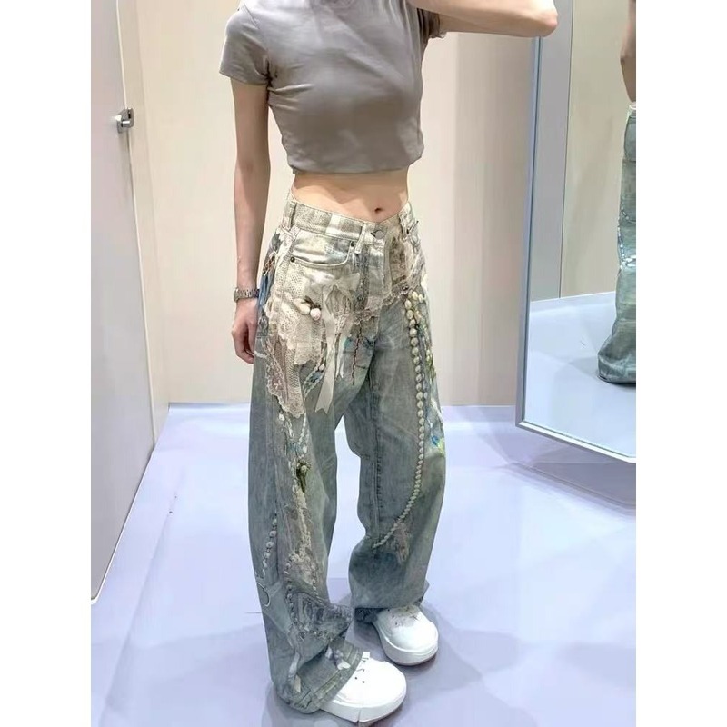 蕾丝珍珠链条3D数码立体印花牛仔阔腿裤女秋复古做旧街头个性裤子|undefined