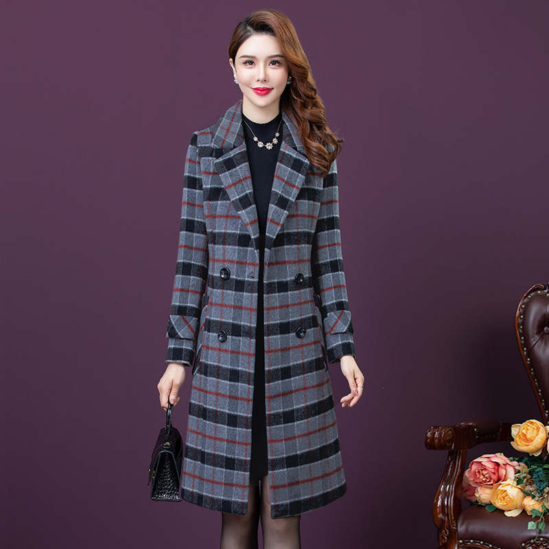 実写格子コート女性2023年冬の新型ファッション中年の母親服の中の長さの修身ラシャコート|undefined