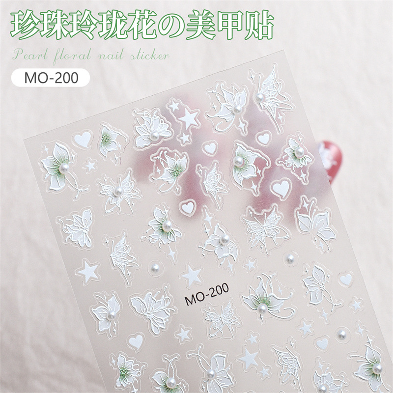 Red neta perla exquisita flor pegatinas de uñas diamante de cristal blanco mariposa pintada a mano pegatinas de uñas en relieve tridimensional con pegamento trasero