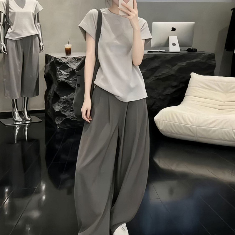 Plus-Size Women's Extra-Large Size 150kg Relaxed Summer New Style Loose-Fitting Slimming Short-Sleeve T-Shirt and High-Waisted Wide-Leg Pants Two-Piece Set Plus-Size Women's Extra-Large Size 150kg Relaxed Summer New Style Loose-Fitting Slimming Short-Sleeve T-Shirt and High-Waisted Wide-Leg Pants Two-Piece Set