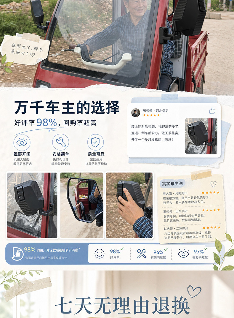 Wide-Angle Electric Tricycle Rearview Mirror Suitable for Zonglong Full-Cab and Half-Cab Vehicles, Convex High-Definition Reversing Mirror