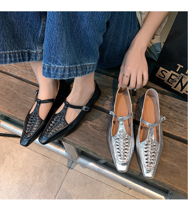 Giày Mary Jane nữ đan T-Strap da thật mũi vuông đế bệt — màu đen, bạc chi tiết 18