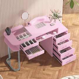 粉色美甲台带美甲吸尘器修甲桌多层收纳修甲桌12格美甲收纳美甲桌