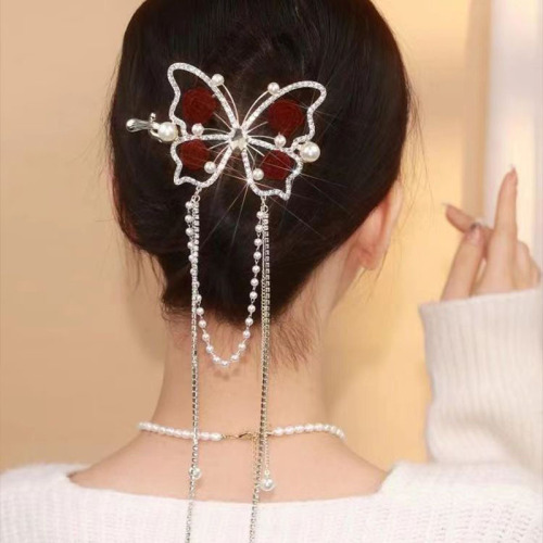 Hanfu fairy dress butterfly tassel twisting clamp rose flowers evening dress tiara head dish hair hairpin diamond ancientry tire hair accessories