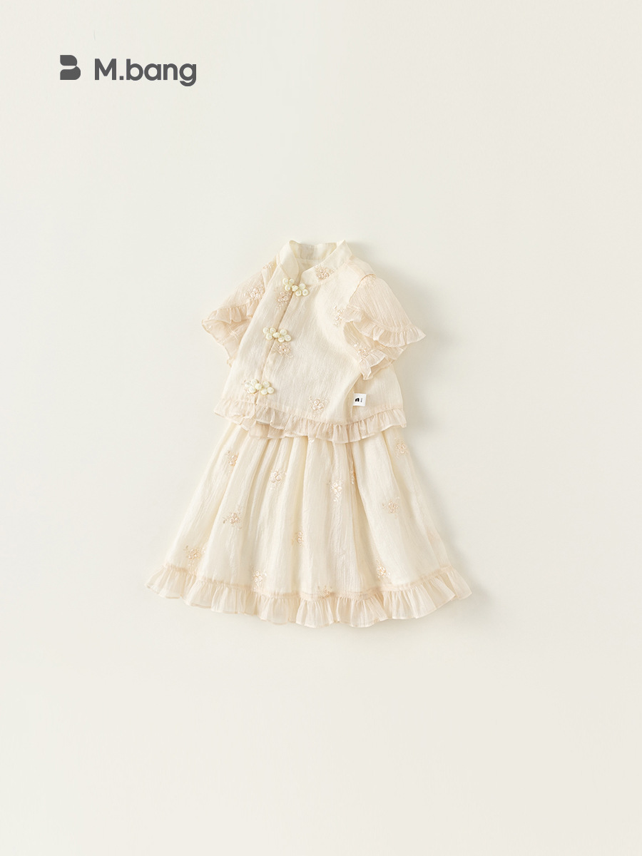 Bangchoan ropa infantil set de estilo nacional de verano, camiseta de hebilla, media falda, niñas dos sets de ropa de estilo antiguo para niños