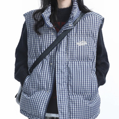 美式棉服羽绒棉马甲刺绣潮牌复古格子棉衣外套男女款立领加棉马夹