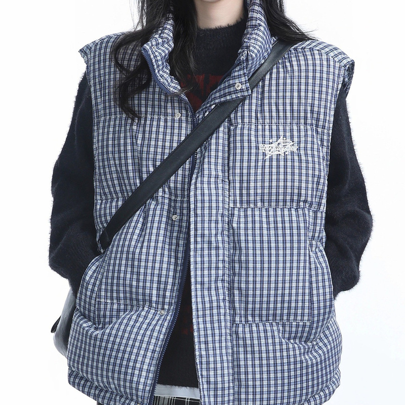 美式棉服羽绒棉马甲刺绣潮牌复古格子棉衣外套男女款立领加棉马夹|undefined