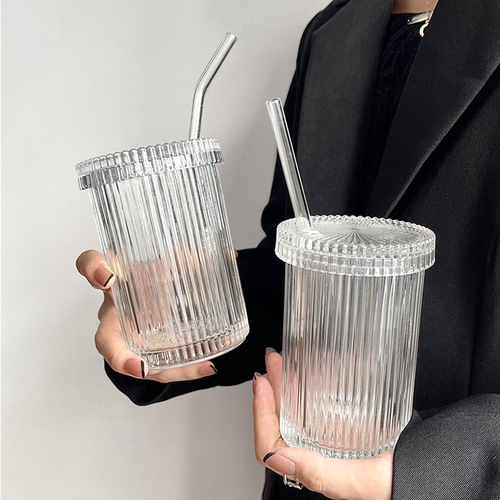 Ins-style striped glass cup with lid and straw, simple water cup for home use, drinking cup, milk cup, breakfast cup