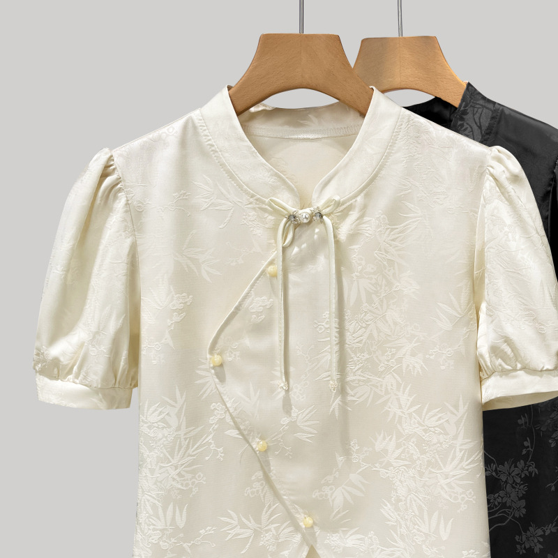 Camisas de manga corta de satén para mujeres verano 2024 nuevo estilo de estilo nacional temperamento de mujer alta sensación de nuevo estilo chino collar top image 3