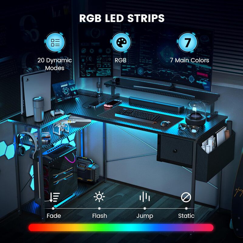 Cross-Border Small L-Shaped Desk with Charging Port and Led Light Strip, Modern Computer Desk with Flip-Up Storage Shelf Cross-Border Small L-Shaped Desk with Charging Port and Led Light Strip, Modern Computer Desk with Flip-Up Storage Shelf