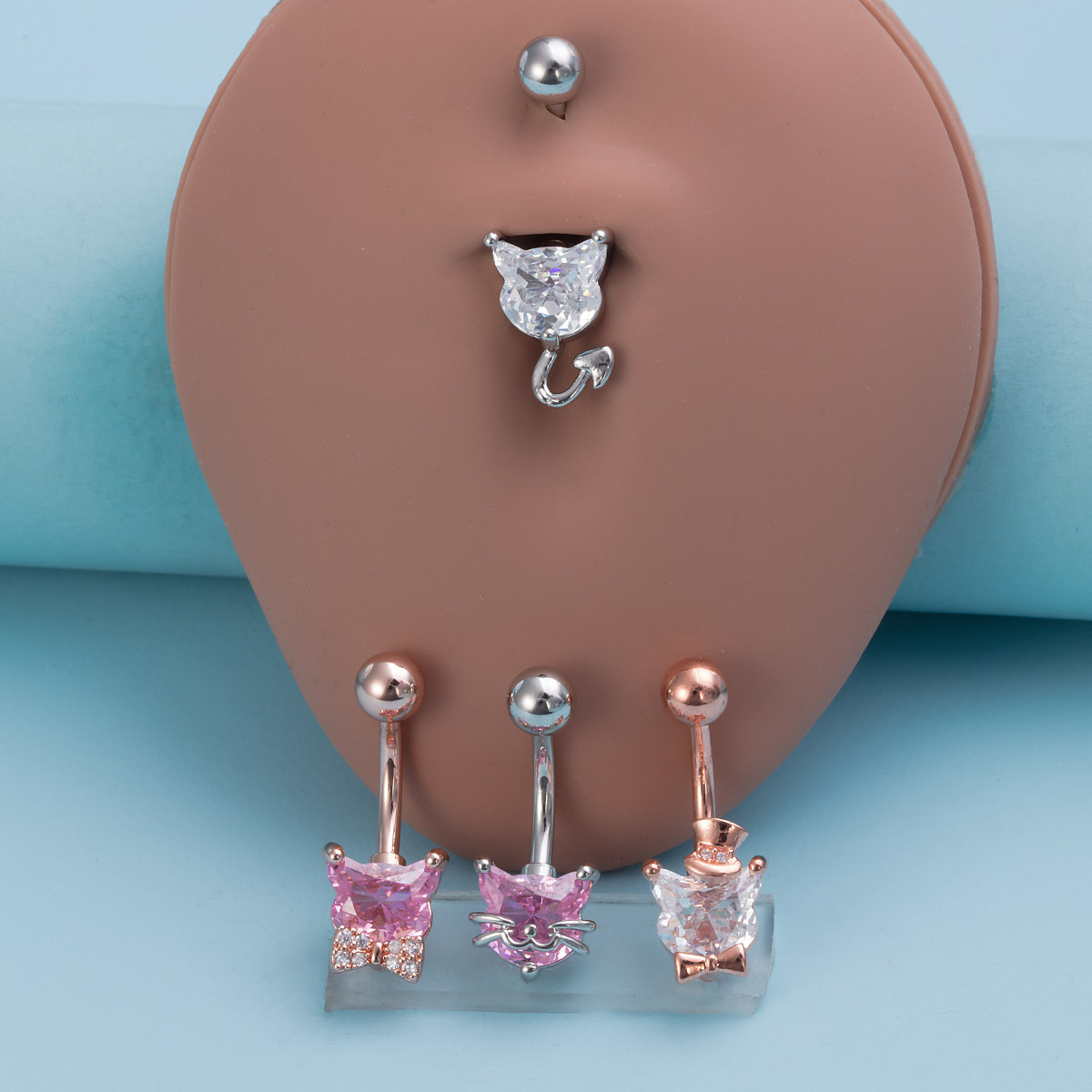 Navel Rings Belly Button Ring Stainless Steel Zircon Cat Devil_voghion.com