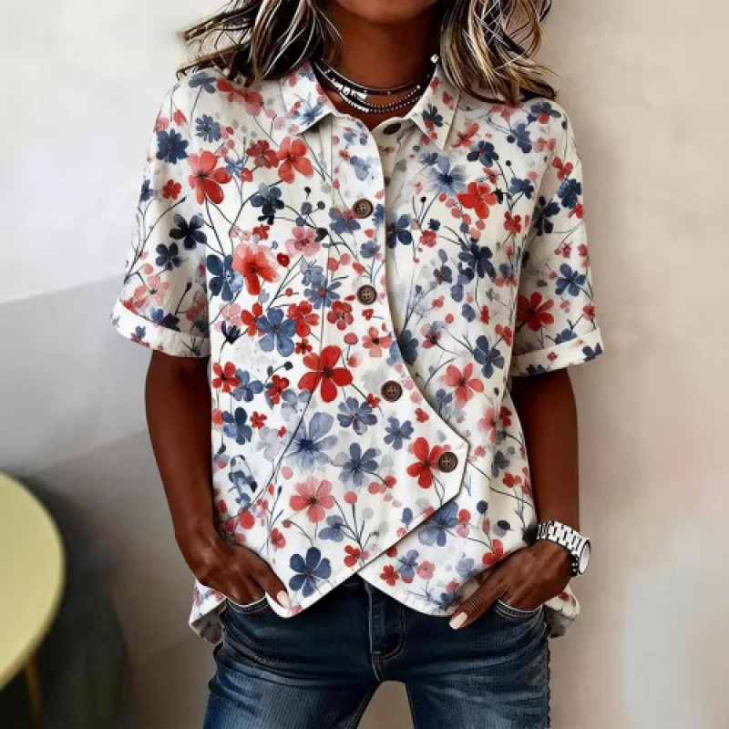Ck Cross-Border Amazon Short-Sleeve Button-Up Shirt for Women with Irregular Design, Factory Direct 3D Pattern Ck Cross-Border Amazon Short-Sleeve Button-Up Shirt for Women with Irregular Design, Factory Direct 3D Pattern