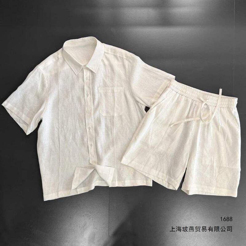 American-Style Cotton and Linen Casual Sports Suit for Men, Loose-Fitting Workwear Short-Sleeved Shirt, Linen Breathable Five-Point Shorts Two-Piece Set
