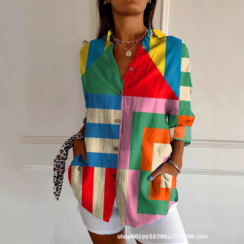 2025 New Amazon Striped Long Sleeve Shirt Women's Rainbow Cardigan Contrast Color Jacket Lapel European and American Cross-Border Foreign Trade