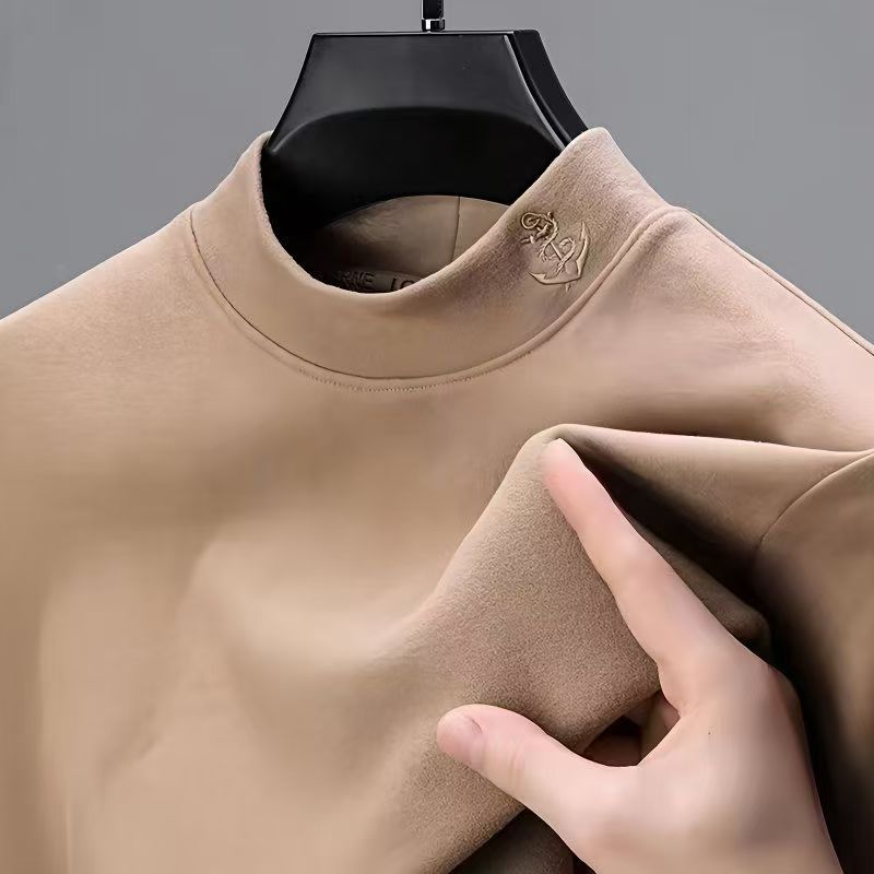 新款双面德绒打底衫男装秋冬季半高领内搭长袖T恤刺绣上衣