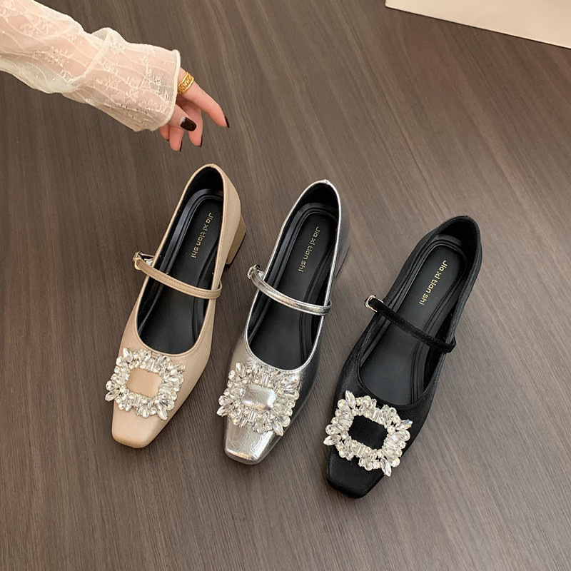 Chunky heel French silver Mary Jane shoes women's shoes 2025 new spring and autumn square head rhinestone temperament high heels