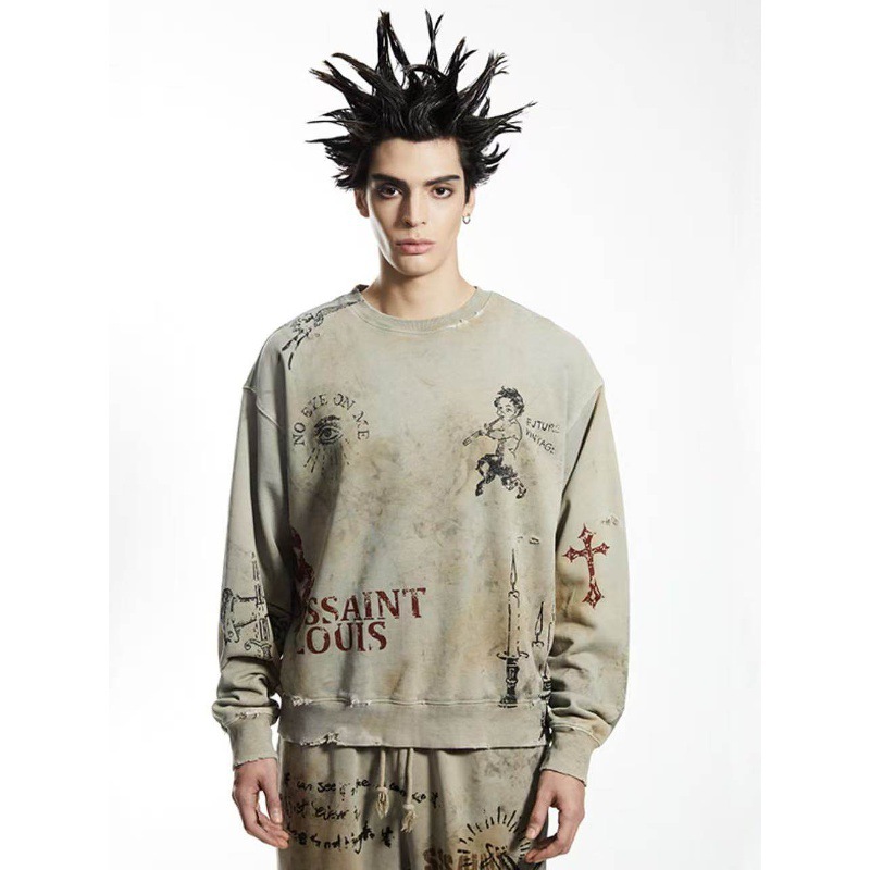 SSSAINT LOUIS all-over graffiti print sweatshirt, unisex, loose fit, round neck, distressed and worn-out design, trendy
