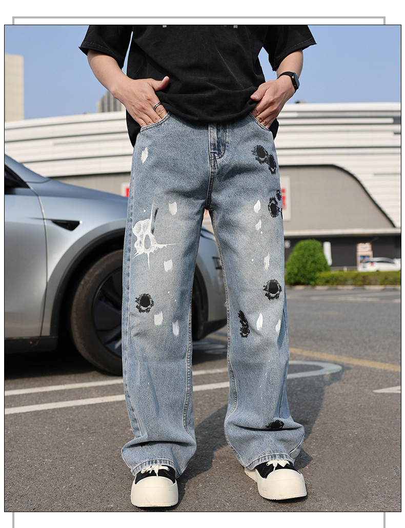 Men's Straight Leg Jeans Graffiti Paint Design Comfortable Denim_voghion.com