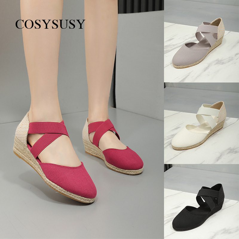 대외 무역 국경 간 웨지 힐 대마 로프 두꺼운 단독 여성 신발 Baotou 유럽과 미국 패션 샌들 밀짚 수 대마 로프 블랙 웨지 힐 신발