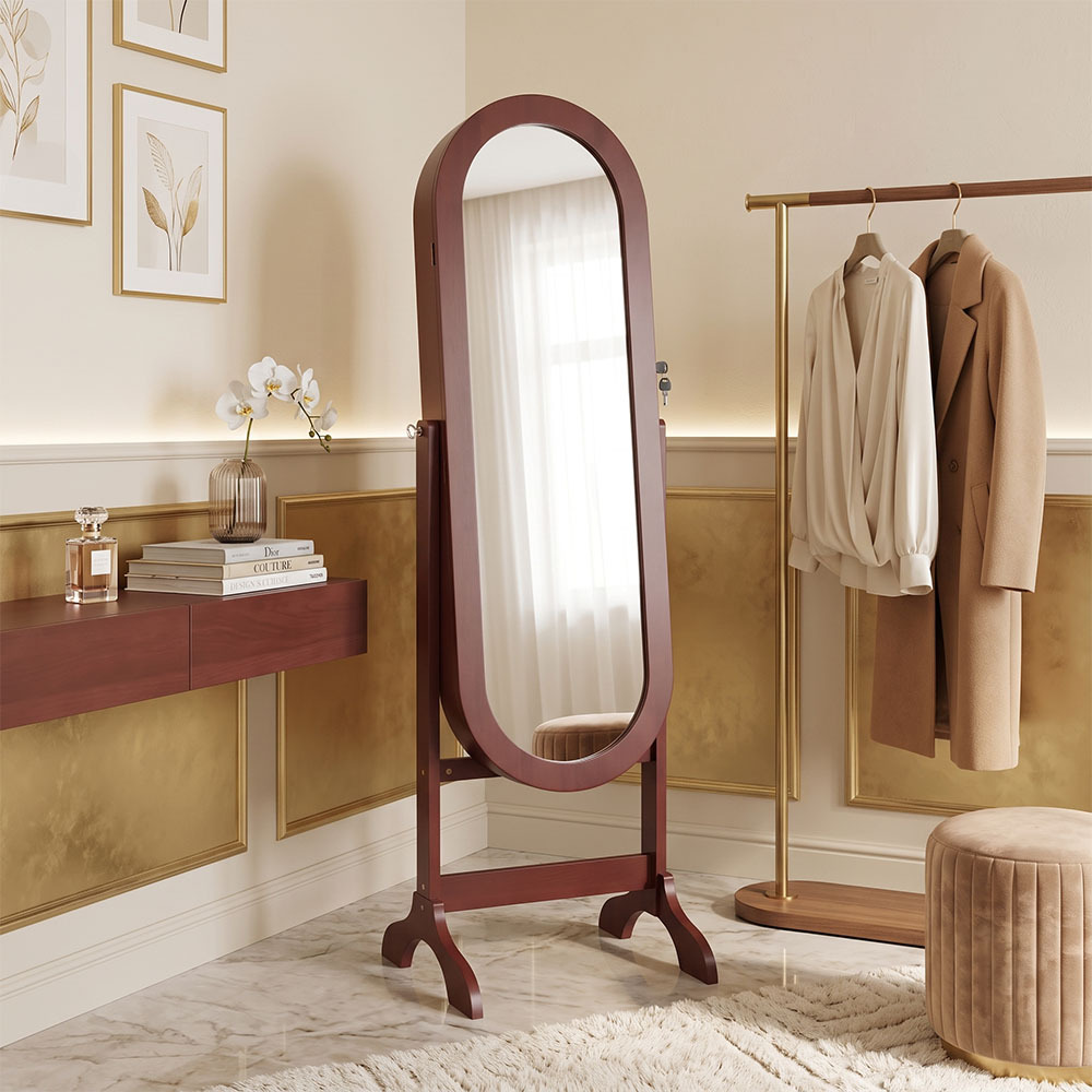 French-style light luxury girls' bedroom rotating floor-standing dressing mirror with perfume, jewelry, necklace storage, and simple full-length mirror