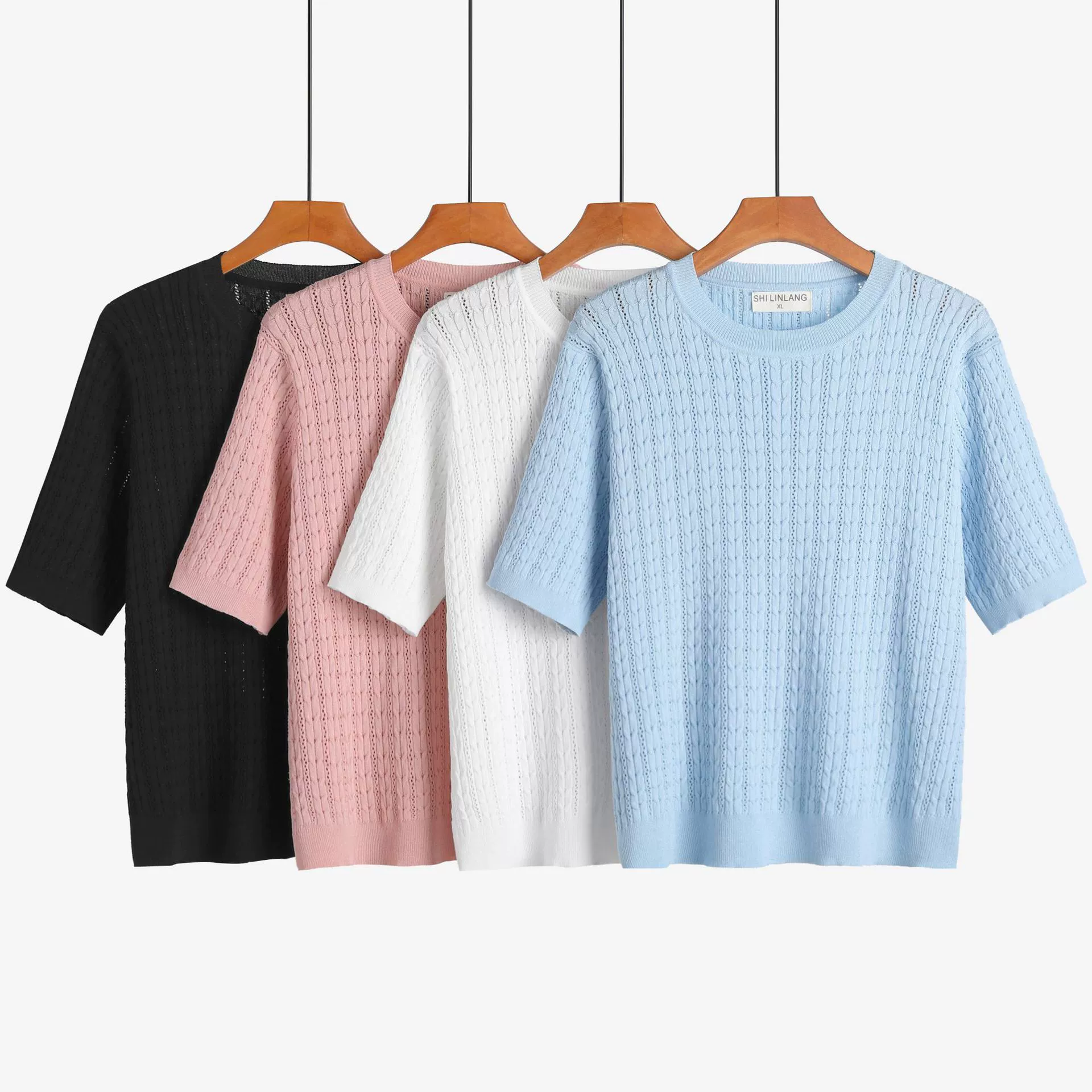 Французский ажурный туман синий океан 2024 летний новый короткий рукав ажурный ледяной шелк трикотажный свитер футболка женская 200 кг