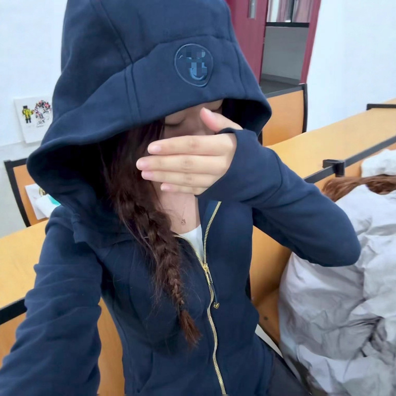 Lulu Navy Blue Slim Sweatshirt Jacket Women's Spring and Autum Gold Zipper Hooded Casual Sports Top Cardigan 2025